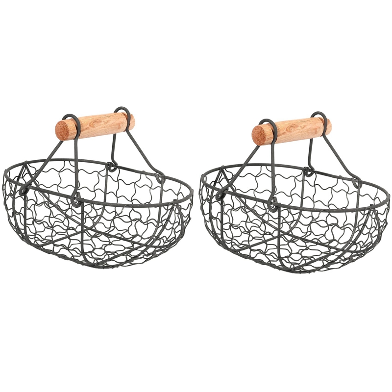 2PCS Wooden Handle Metal Retro Vegetable Fruit Basket