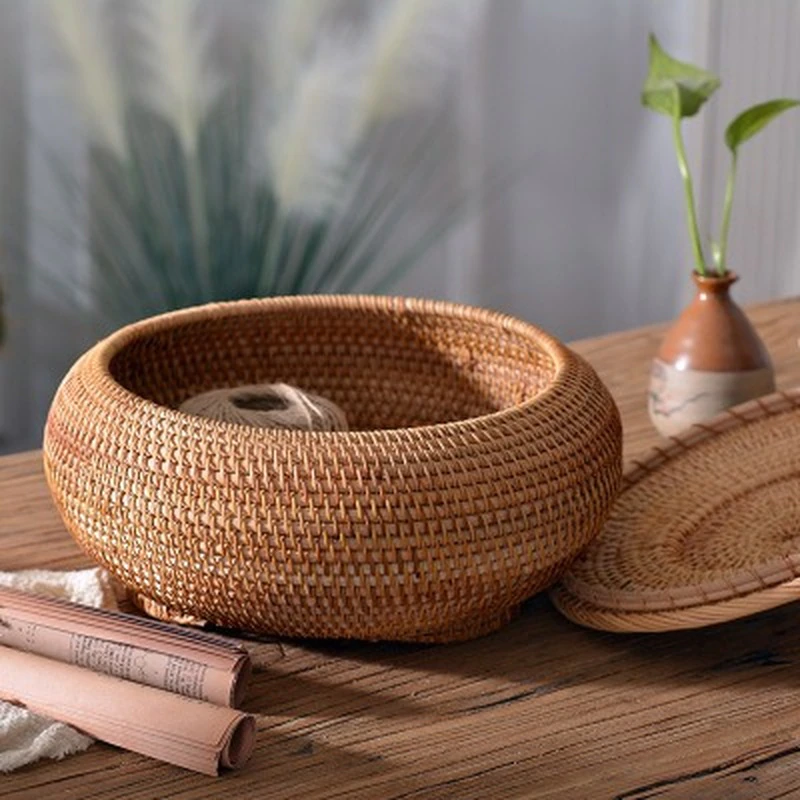 Hand-Woven Round Rattan Boxes with Lid