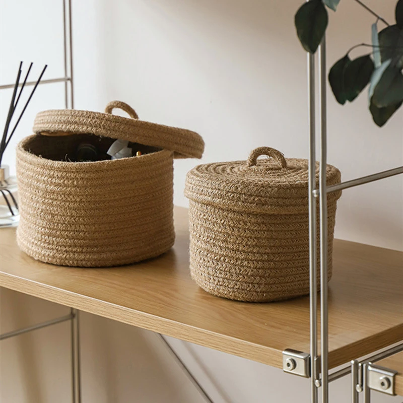 2 PCS Jute Woven Basket Cosmetics Storage Box With Cover