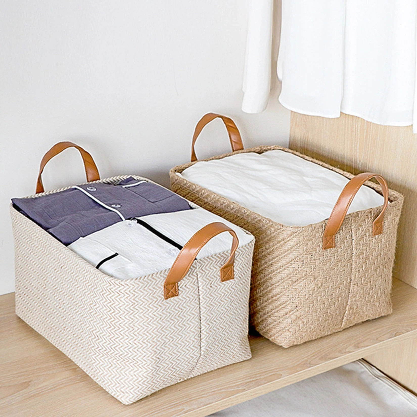 2pcs Foldable Woven Storage Baskets With Handle